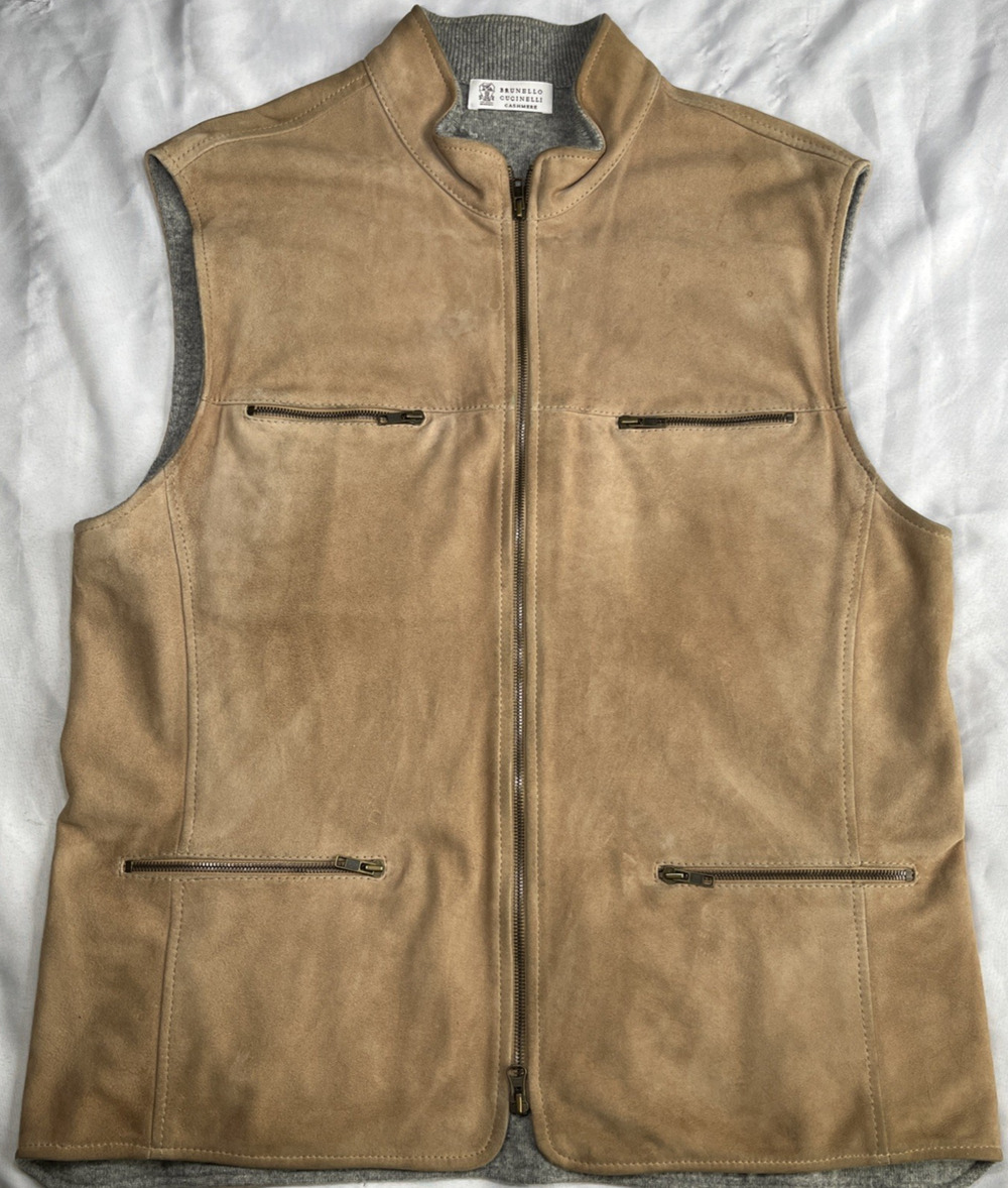 BRUNELLO CUCINELLI Cashmere Lined Suede Vest Beige Men's Size XL Italy *READ*